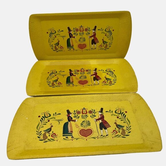 Vintage Kentley Yellow Buffet Trays Set Of 3 Folk Art Design MCM Grand Rapids - Picture 1 of 6